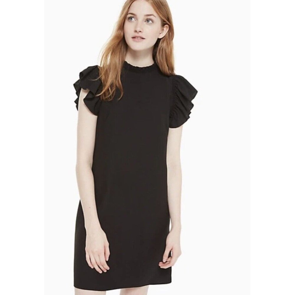 KATE SPADE Mini Dress High-Neck Ruffled Short Sleeve Crepe Sz 4 Black NEW